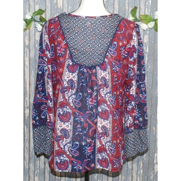 Dressbarn Ladies Red & Blue Blouse Size L Sheer Long Sleeve V-Neck Paisley Print - Picture 5 of 8